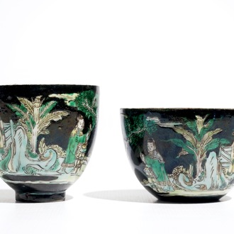 Two Chinese famille noire tea bowls, 19th C.