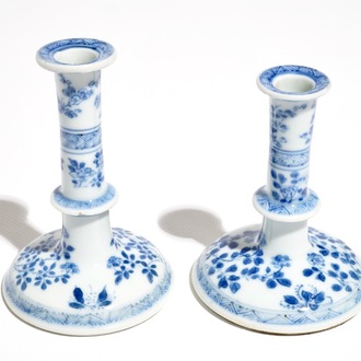 Two small Chinese blue and white candlesticks, Kangxi