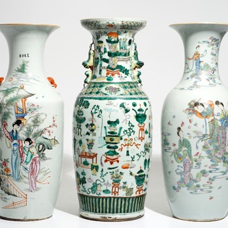 Three tall Chinese famille verte and rose vases, 19/20th C.