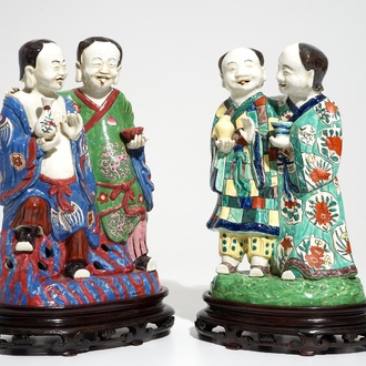 Deux groupes en porcelaine de Chine famille rose des frères Hehe Er Xian, 19/20ème