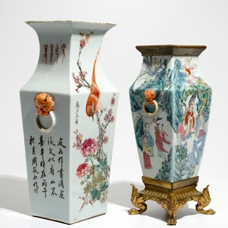 A square Chinese qianjiang cai vase marked Zhou Xiao Song and a bronze-mounted famille rose vase, 19/20th C.