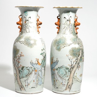 A pair of tall Chinese qianjiang cai vases with immortals, 19/20th C.