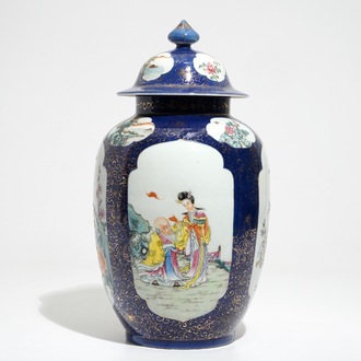 A Chinese powder blue-ground famille rose covered jar, Republic, 20th C.