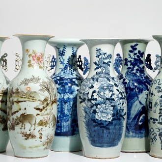 Une paire de vases en porcelaine de Chine famille rose et quatre au fond céladon, 19/20ème