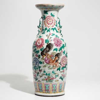 A tall Chinese famille rose vase with hens and roosters, 19th C.