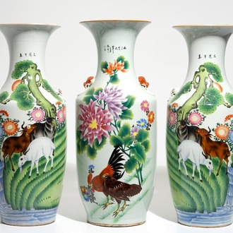 Trois vases en porcelaine de Chine famille rose aux décors animaliers, 20ème