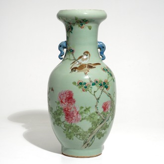 A Chinese celadon-ground qianjiang cai vase with elephant handles, 19/20th C.