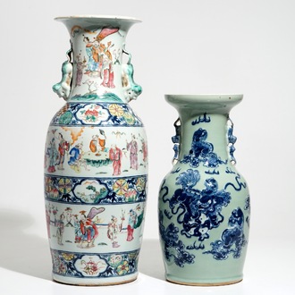 A tall Chinese famille rose vase and a celadon-ground vase, 19th C.