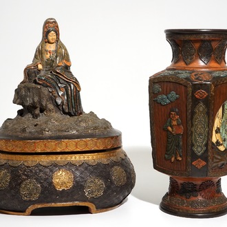 A Japanese polychrome pottery vase and a model of Kannon, Meiji, 19th C.