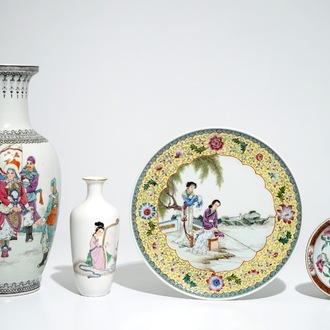 Three pieces of 20th C. Republic Chinese famille rose porcelain and a double-walled saucer, Yongzheng