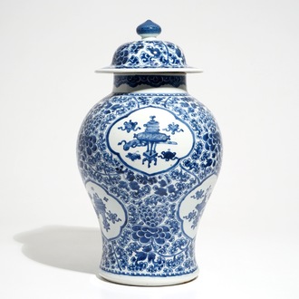 A Chinese blue and white baluster vase and cover, Kangxi