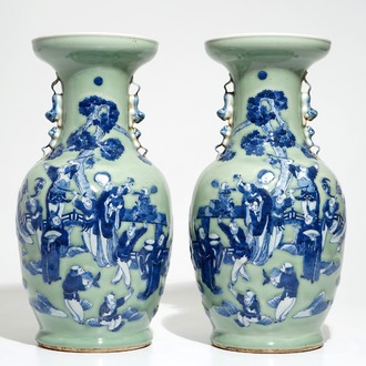 A pair of Chinese celadon-ground vases with blue and white figures, 19th C.