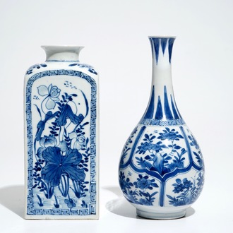 A Chinese blue and white bottle vase and a square tea caddy, Kangxi