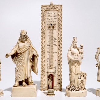 Four carved ivory figures, a miniature altar and a thermometer, Dieppe and other workshops, 19th C.