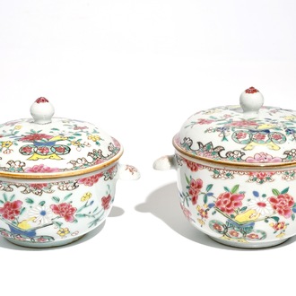 Deux petites terrines couvertes en porcelaine de Chine famille rose, Qianlong