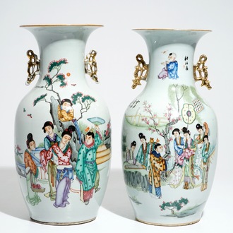 Deux vases en porcelaine de Chine famille rose aux scènes de jardin et décors floraux, 19/20ème