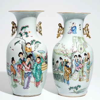 Deux vases en porcelaine de Chine famille rose aux scènes de jardin et décors floraux, 19/20ème
