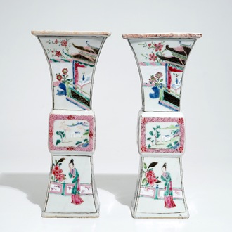 A pair of Chinese famille rose vases with scenes from "The Romance of the Western Chamber", Yongzheng