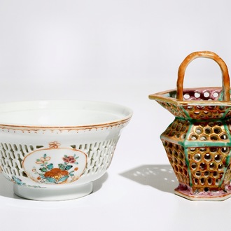 A Chinese reticulated double-walled famille rose tea bowl and a basket, Yongzheng