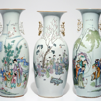 Trois grands vases en porcelaine de Chine famille rose, 19/20ème