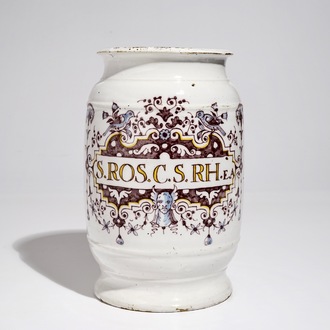 A large polychrome Brussels faience cylindrical albarello, 18th C.