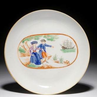 Een Chinees export porseleinen bordje met decor van "Het afscheid van de zeeman", Qianlong