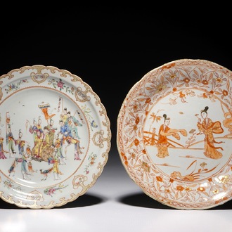 Deux assiettes en porcelaine de Chine famille rose et rouge de fer, Kangxi/Qianlong