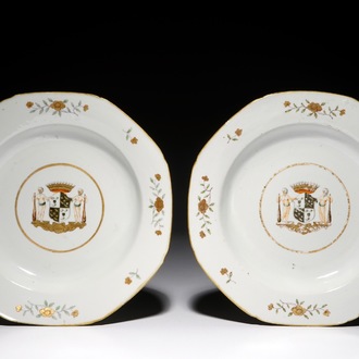 A pair of Chinese octagonal armorial plates, Qianlong