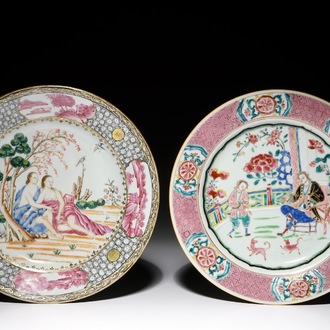 Deux assiettes en porcelaine de Chine famille rose aux figures européennes, Qianlong