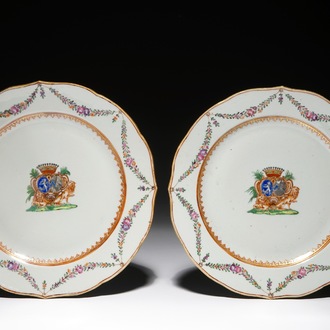 A pair of Chinese famille rose plates with armorial alliance, Qianlong