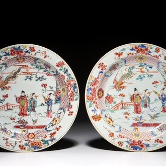 A pair of Chinese famille rose plates with figures and a phoenix, Yongzheng