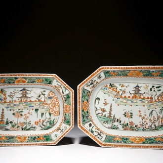Two octagonal Chinese famille verte "Chinese wall" platters, Kangxi