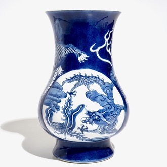 A Chinese blue and white relief-decorated hu vase with mythical beasts, Chenghua mark, 19/20th C.