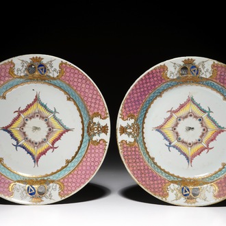 A pair of Chinese famille rose armorial marital alliance plates for the French market, Qianlong, ca. 1737