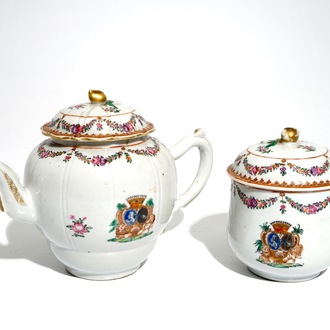 A Chinese armorial teapot and a covered sugar bowl for the French market, Qianlong