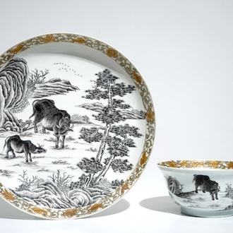 A Chinese grisaille bowl and plate with buffalos, Yongzheng