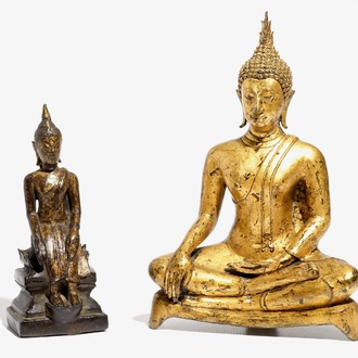 Deux modèles de Bouddha en bronze doré, Thaïlande, 19/20ème