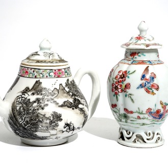 Une théière en porcelaine de Chine grisaille et une boîte à thé en famille rose, Yongzheng