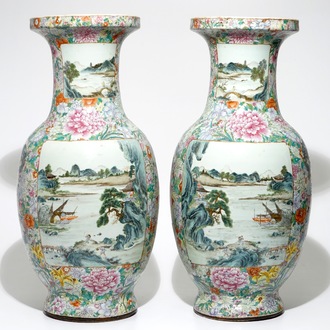 A large pair of Chinese famille rose millefleurs vases with landscape panels, Qianlong mark, 19th C.