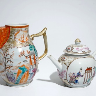 Une théière et une verseuse en porcelaine de Chine famille rose à décor mandarin, Qianlong