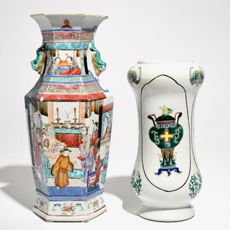 A Chinese hexagonal famille rose vase and an albarello-shaped famille verte vase, 19th C.