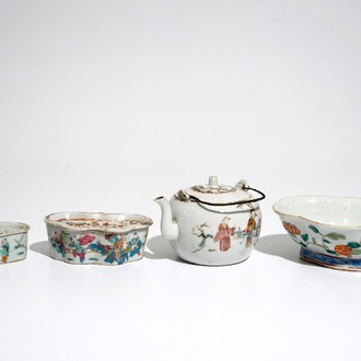 A Chinese famille rose teapot, two cricket boxes and a lobed bowl, 19th C.