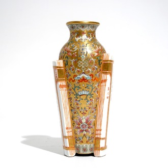 A Chinese famille rose on gilt-ground vase, Qianlong mark, 20th C.