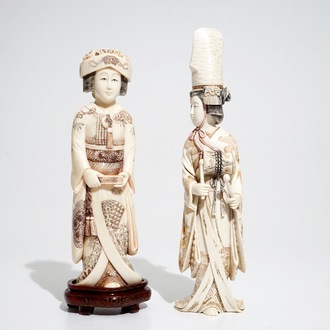 Two Japanese ivory okimono of ladies with headdresses, 19/20th C.