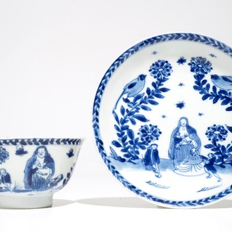 A Chinese blue and white cup and saucer with Madonna and child, Kangxi