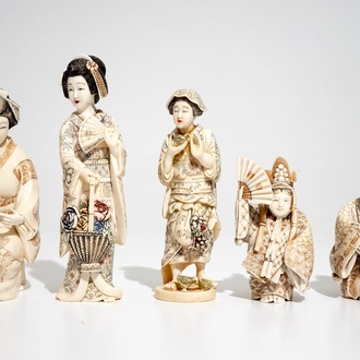 Five signed Japanese ivory okimono, 19/20th C.