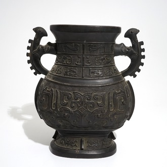 A Chinese archaistic bronze two-handled hu vase, 19th C.