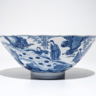Een Chinese blauwwitte conische kom met "Zeven Wijzen van het Bamboebos", Kangxi merk en periode