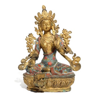 Une grande statuette de Tara en bronze et cloisonné, Chine, 19ème