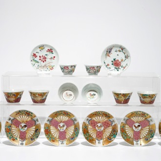 Un lot de six et une paire de tasses et soucoupes en porcelaine de Chine famille rose, Yongzheng/Qianlong